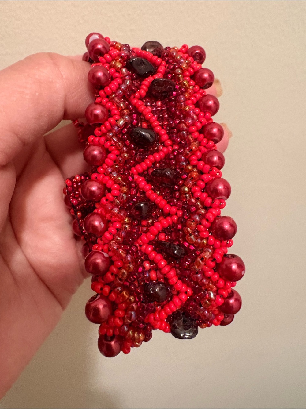 Vintage Handmade Handmade Ruby Red Beaded Statement Cuff Bracelet Like New
